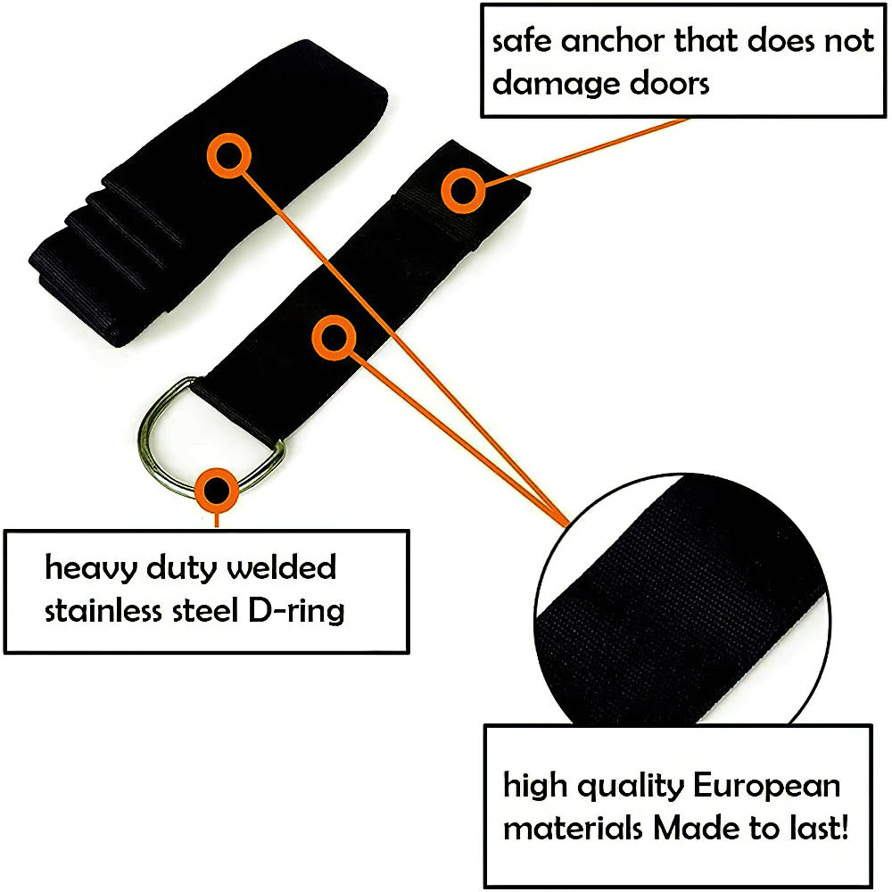 Door stretching strap showing stainless steel D-ring and secure anchor for ballet and gymnastics flexibility training.